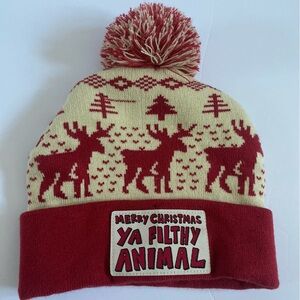 “Merry Christmas Ya Filthy Animal” Red and Cream Beanie Home Alone Movie